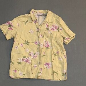 Lemon Grass Womens Yellow Floral Linen Cotton Short Sleeve Button Down Shirt M